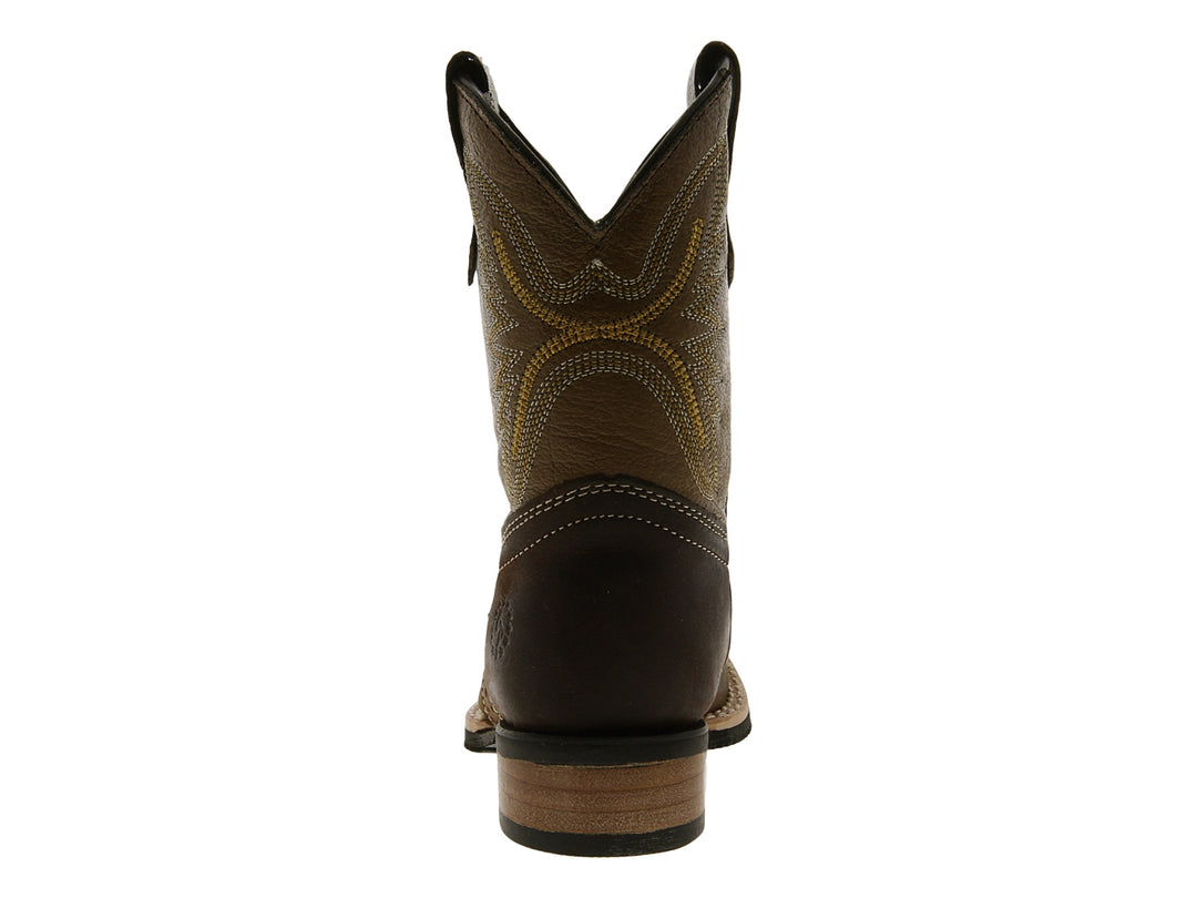 Botas vaqueras para niño en tonos marrón y arena con detalles bordados en el tallo.