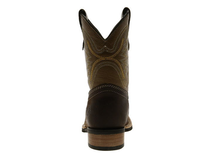 Botas vaqueras para niño en tonos marrón y arena con detalles bordados en el tallo.
