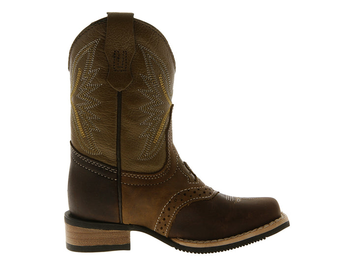 Botas vaqueras para niño en tonos marrón y arena con detalles bordados en el tallo.