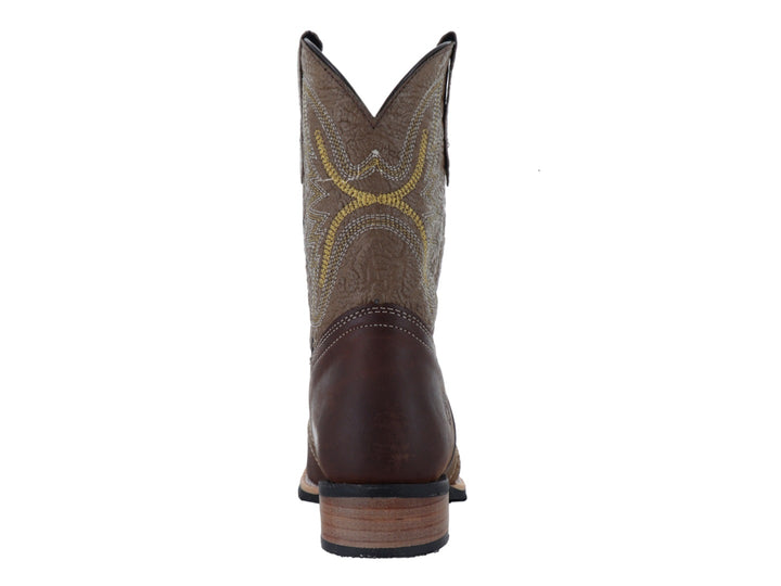Bota vaquera para niño en colores marrón y beige con costuras decorativas amarillas.