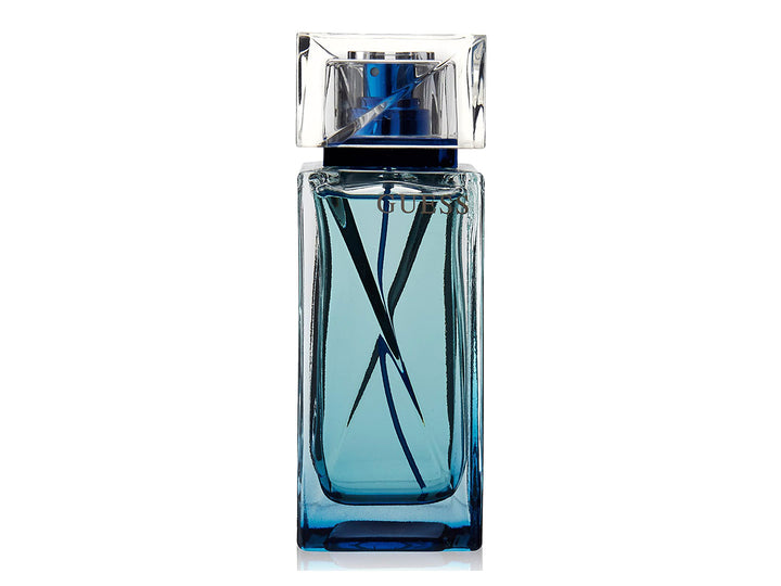 Botella de perfume Guess Night para hombre en color azul con tapa transparente sobre fondo blanco.