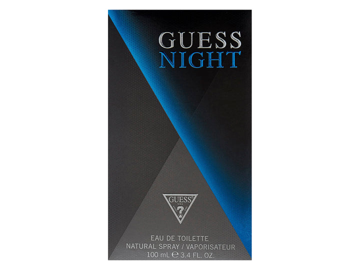 Botella de perfume Guess Night para hombre en color azul con tapa transparente sobre fondo blanco.