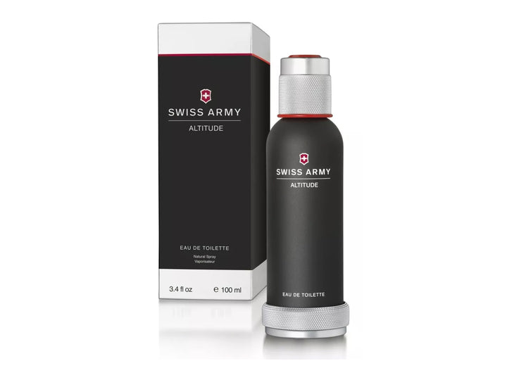 Botella de perfume Swiss Army Altitude color negro con tapa plateada y su empaque rectangular.