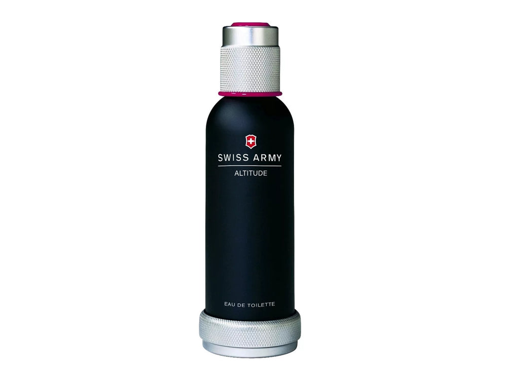 Botella de perfume Swiss Army Altitude color negro con tapa plateada y su empaque rectangular.