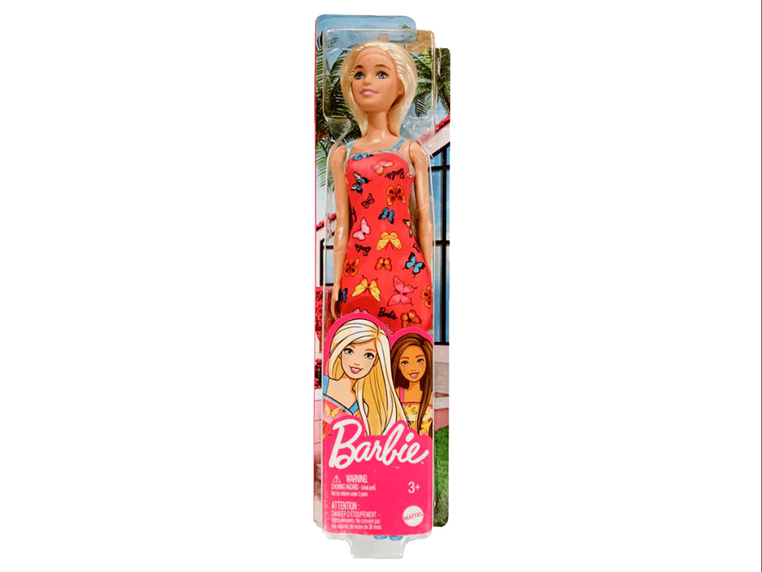 Muñeca Barbie con cabello rubio vistiendo un vestido rojo con estampado de mariposas en su empaque original.