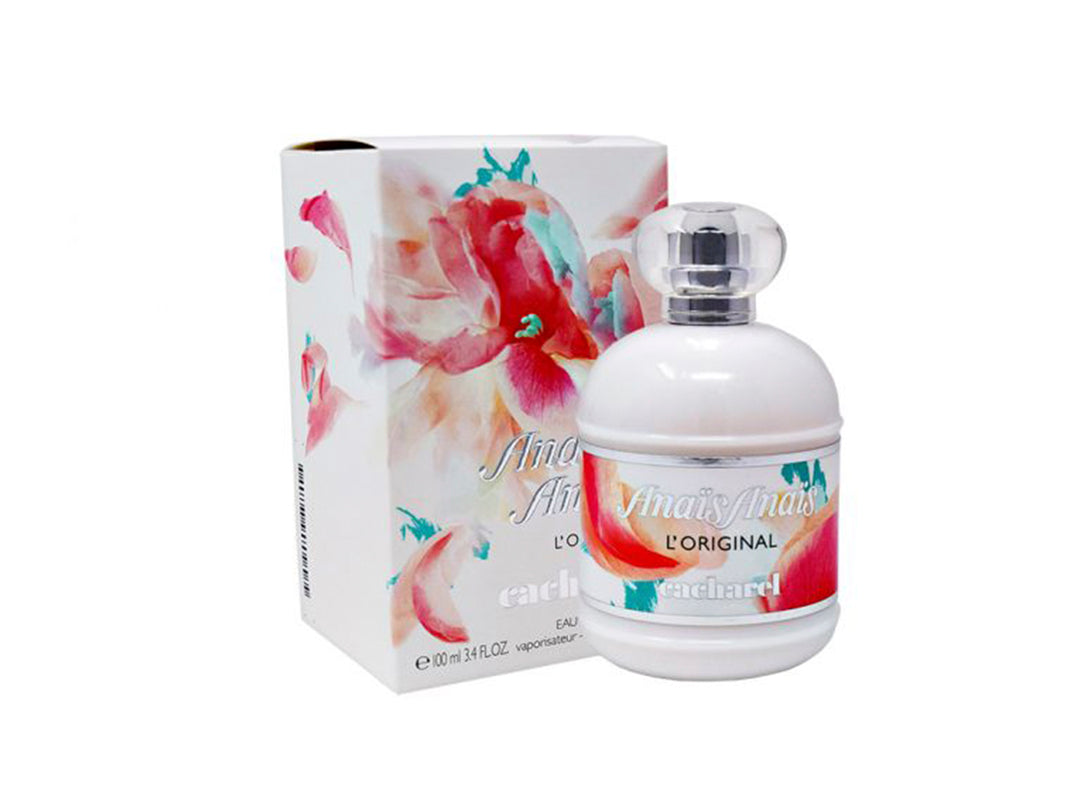 Perfume Cacharel Anais Anais para mujer, botella blanca y caja con estampado floral rojo y rosa.