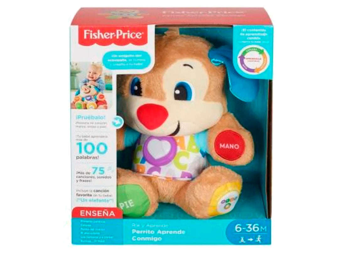 Perro de peluche educativo Fisher-Price en su empaque, con colores brillantes y botones interactivos.
