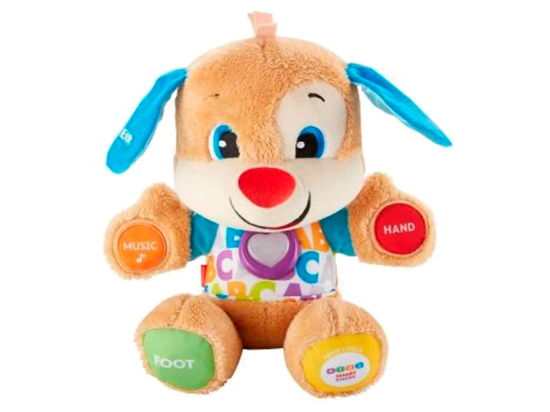 Perro de peluche educativo Fisher-Price en su empaque, con colores brillantes y botones interactivos.