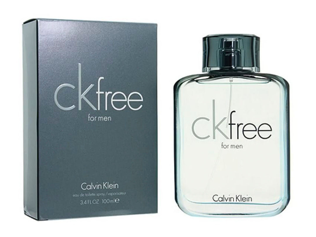 Botella de perfume Calvin Klein CK Free para hombre junto a su caja de color gris oscuro.