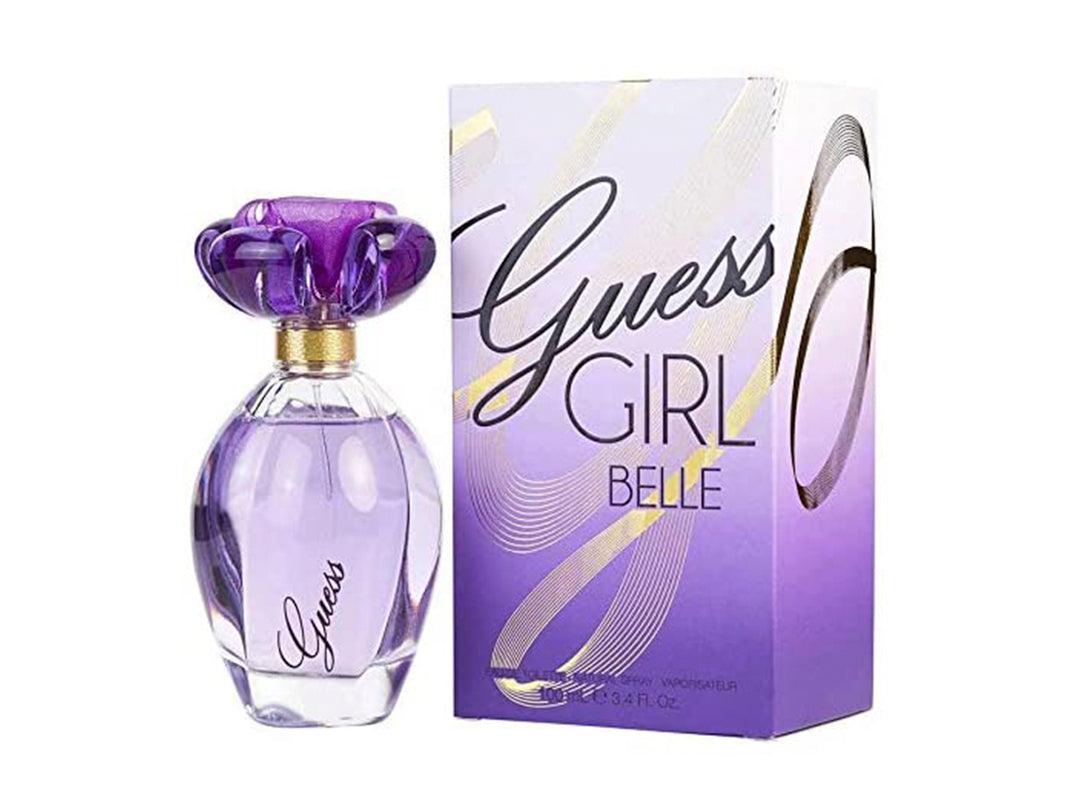 Perfume Guess Belle para mujer con botella de vidrio morada y caja rectangular coordinada.