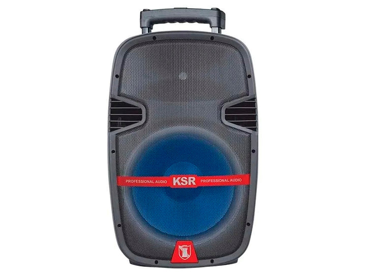 Bocina portátil Kaiser Mitzu color negro con cono azul y asa de transporte superior.