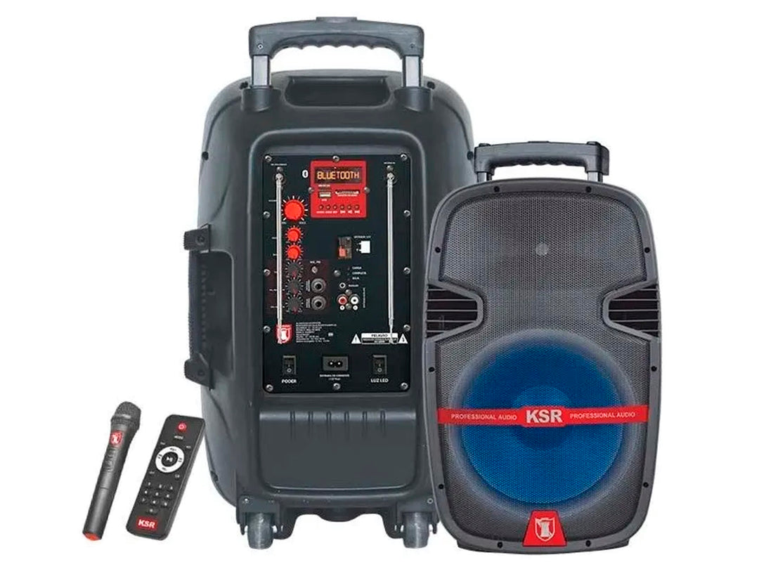 Bocina portátil Kaiser Mitzu color negro con cono azul y asa de transporte superior.