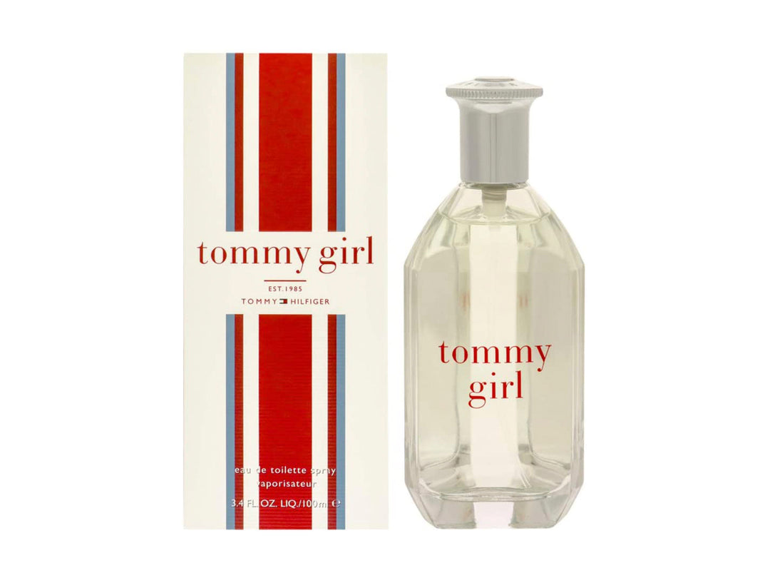 Perfume Tommy Girl de 100ml con botella de vidrio facetada y caja blanca con rayas rojas y azules.