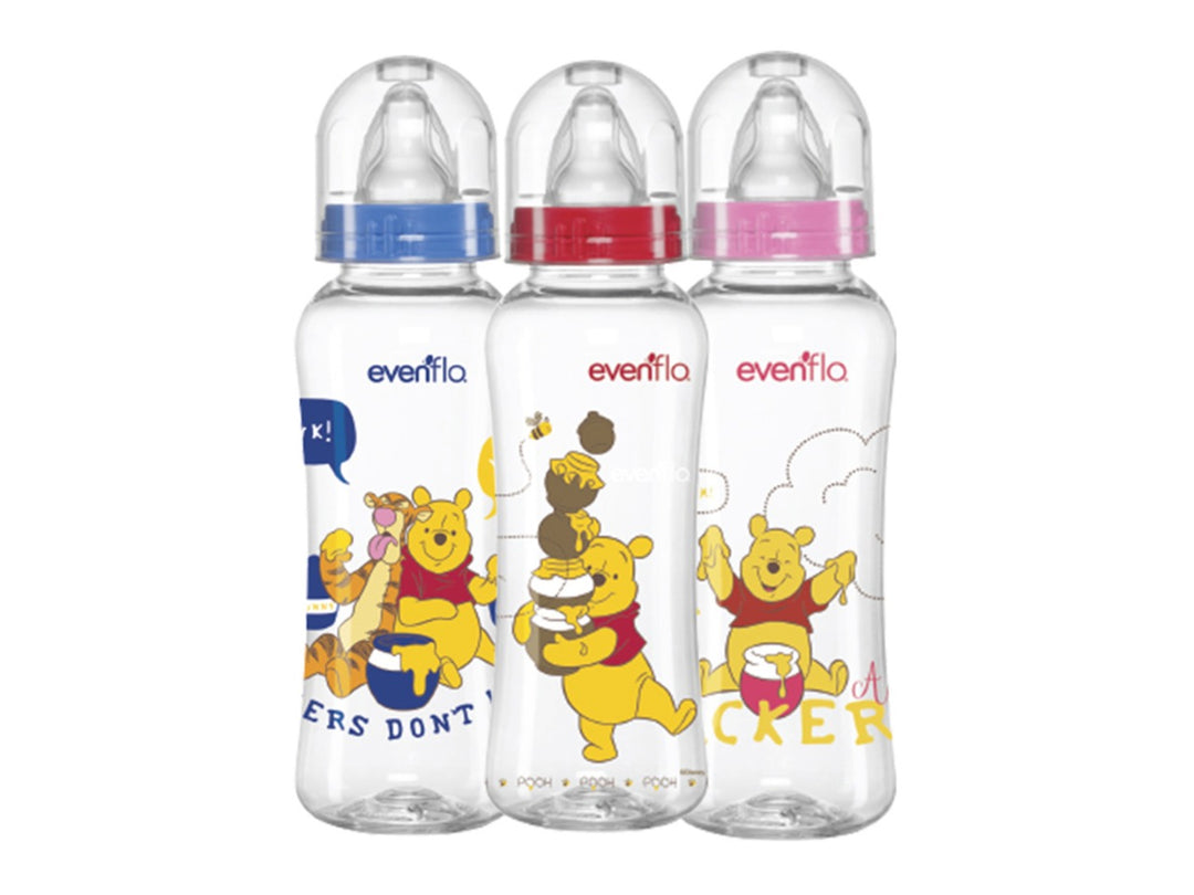 Set de tres biberones transparentes Evenflo con ilustraciones de Winnie the Pooh y anillos en azul, rojo y rosa.
