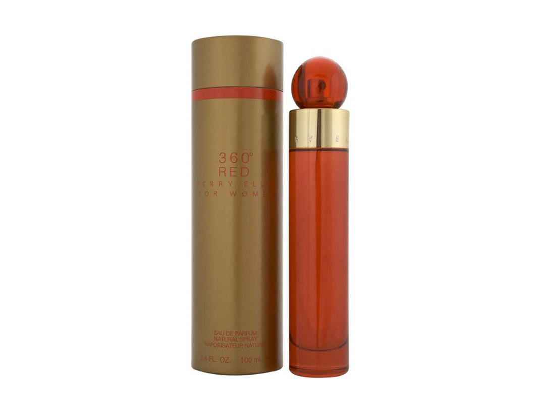 Perfume Perry Ellis 360 Red para mujer, botella roja y empaque cilíndrico dorado.