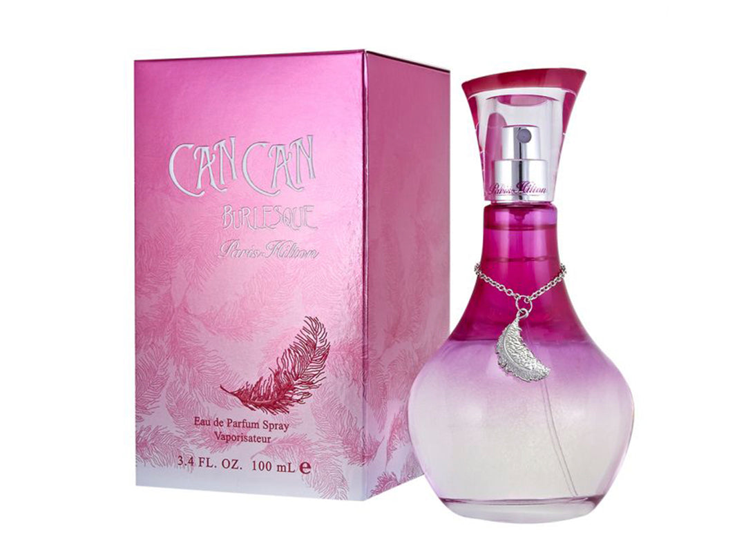 Perfume Paris Hilton Can Can Burlesque con botella rosa degradada y caja magenta.