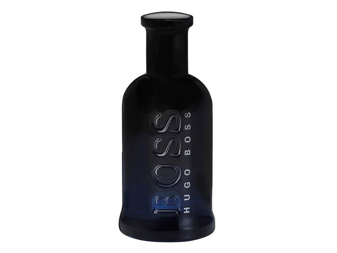 Frasco de perfume Hugo Boss Bottle Night en color azul marino oscuro con tapa plana.