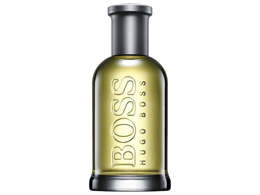 Perfume Hugo Boss Bottled en botella de vidrio con líquido amarillo y su caja plateada