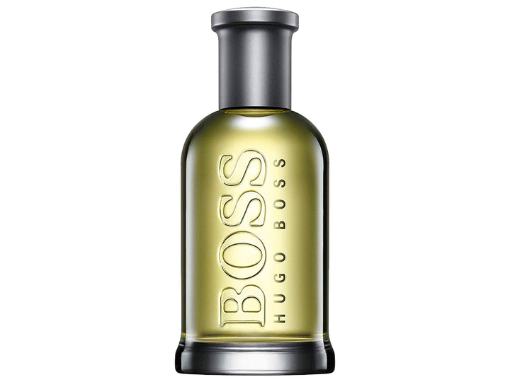 Perfume Hugo Boss Bottled en botella de vidrio con líquido amarillo y su caja plateada