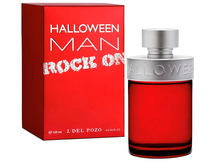 Perfume J. Del Pozo Halloween Man Rock On en frasco y caja de color rojo con detalles en plata.