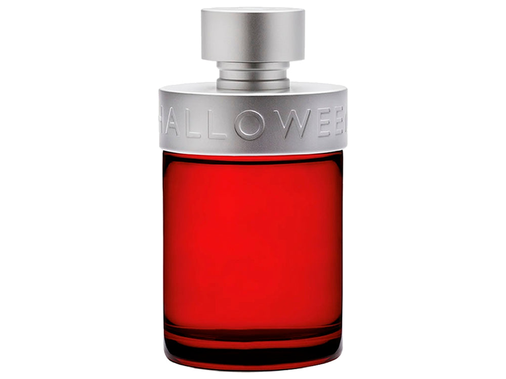Perfume J. Del Pozo Halloween Man Rock On en frasco y caja de color rojo con detalles en plata.