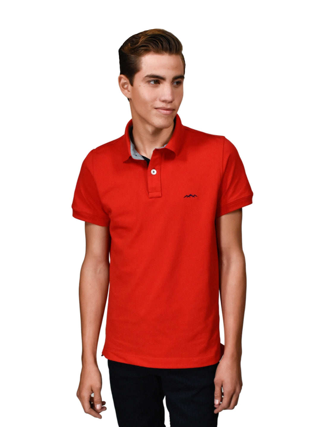 Hombre vistiendo una playera polo de color rojo con cuello y botones.