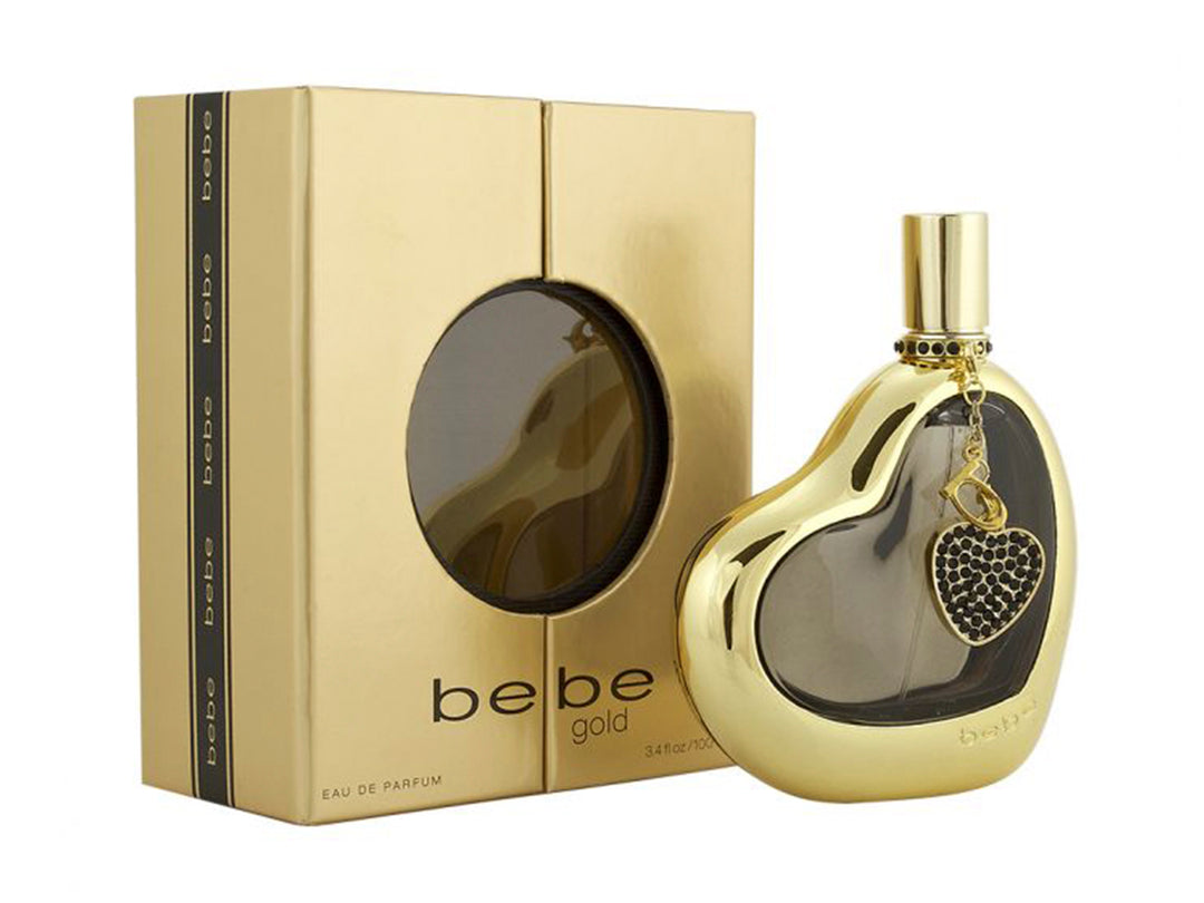 Perfume Bebe Gold para mujer con botella dorada en forma de corazón y su caja dorada