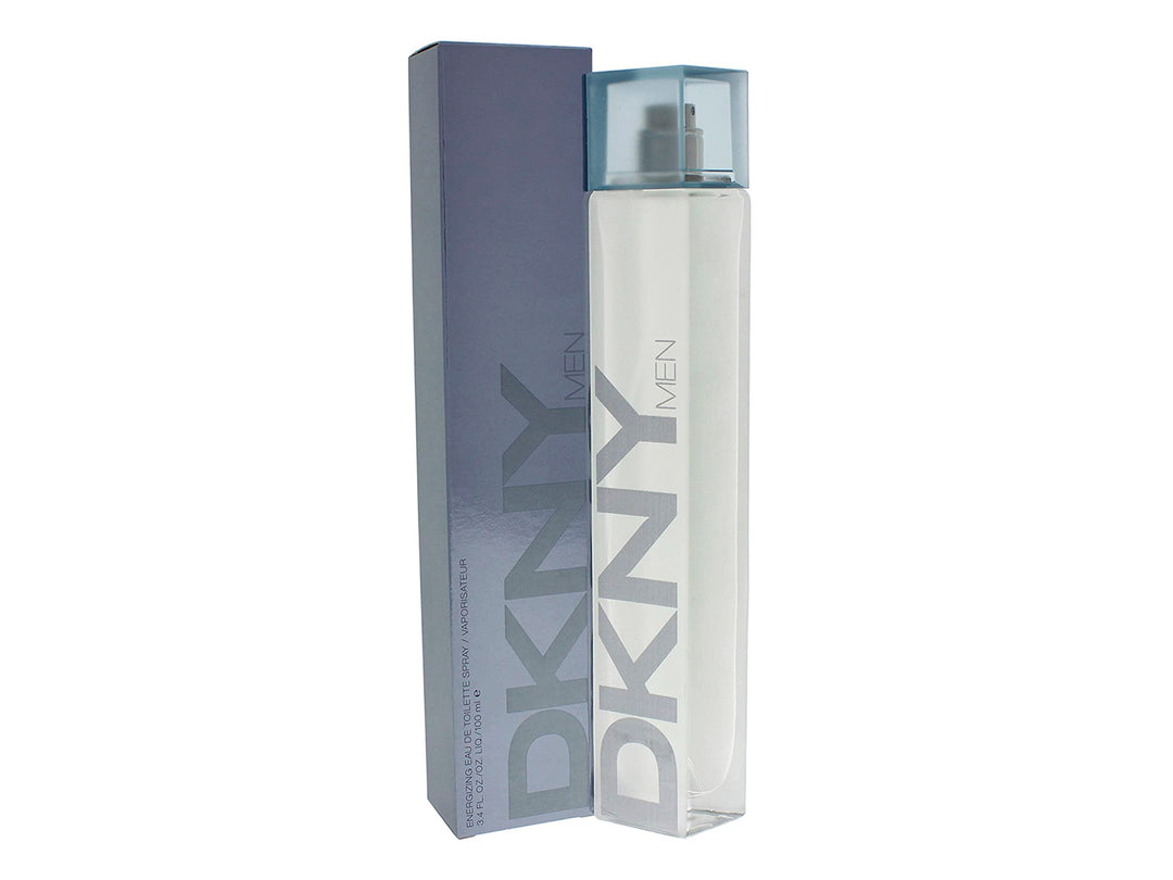 Perfume DKNY para hombre en botella transparente y caja gris oscuro.