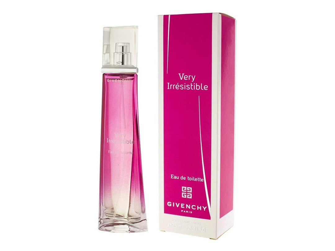 Perfume Givenchy Very Irresistible para mujer en frasco degradado rosa y caja magenta.