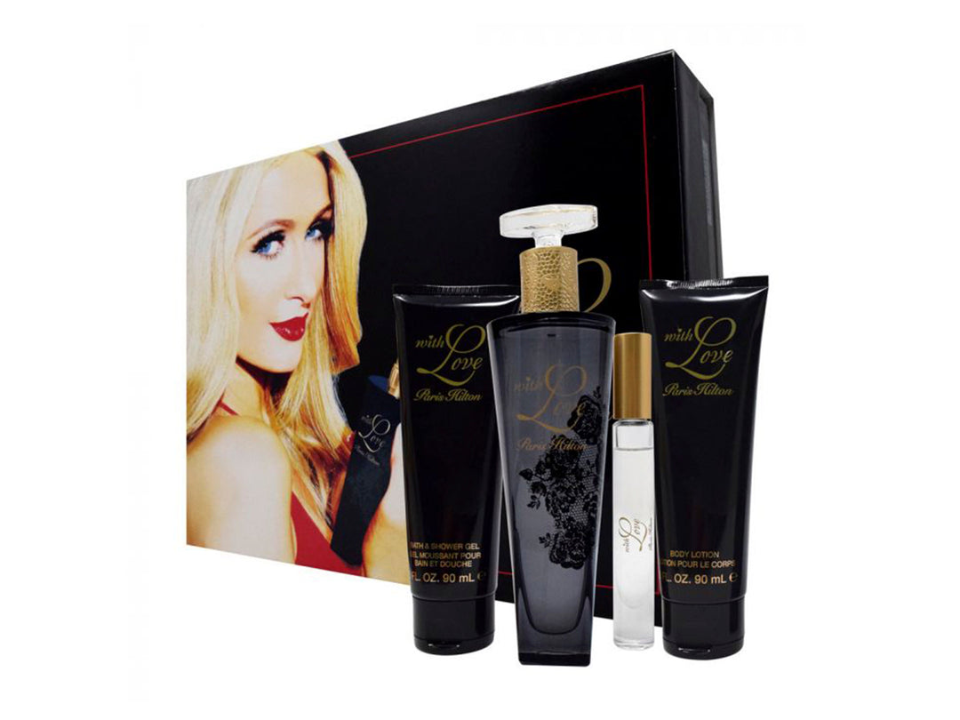 Set de fragancia Paris Hilton With Love con perfume, loción y gel de ducha en envases negros y dorados.