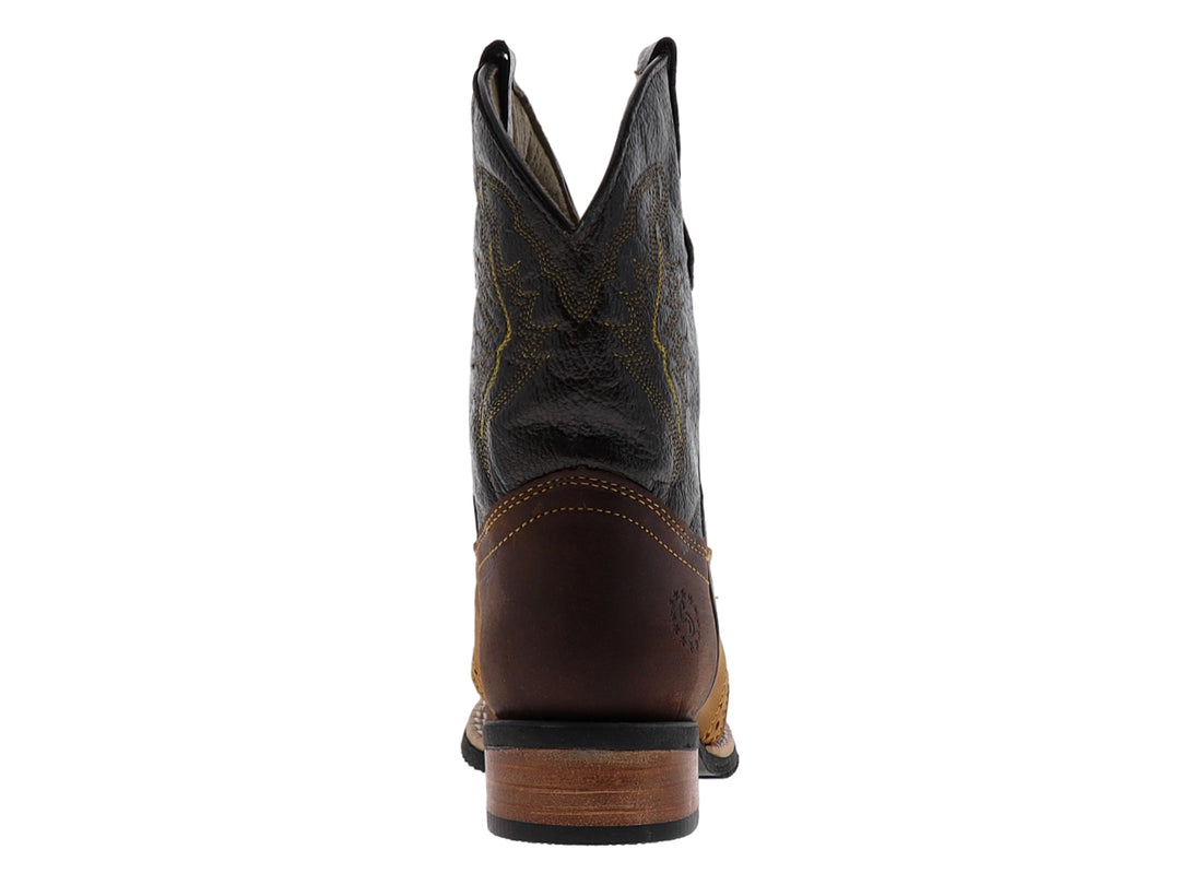 Bota vaquera para niño de cuero en colores marrón y miel con suela negra.
