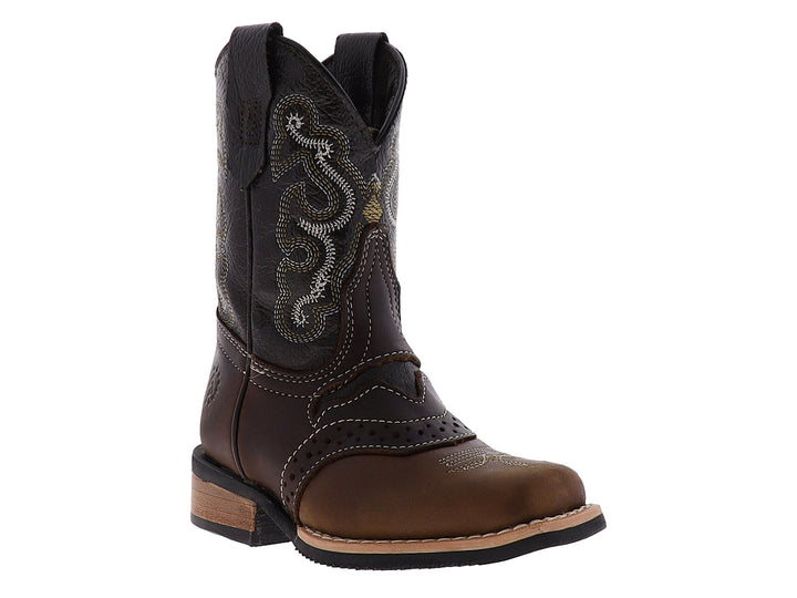 Bota vaquera para niño en color marrón con detalles bordados en la caña y textura de cuero.