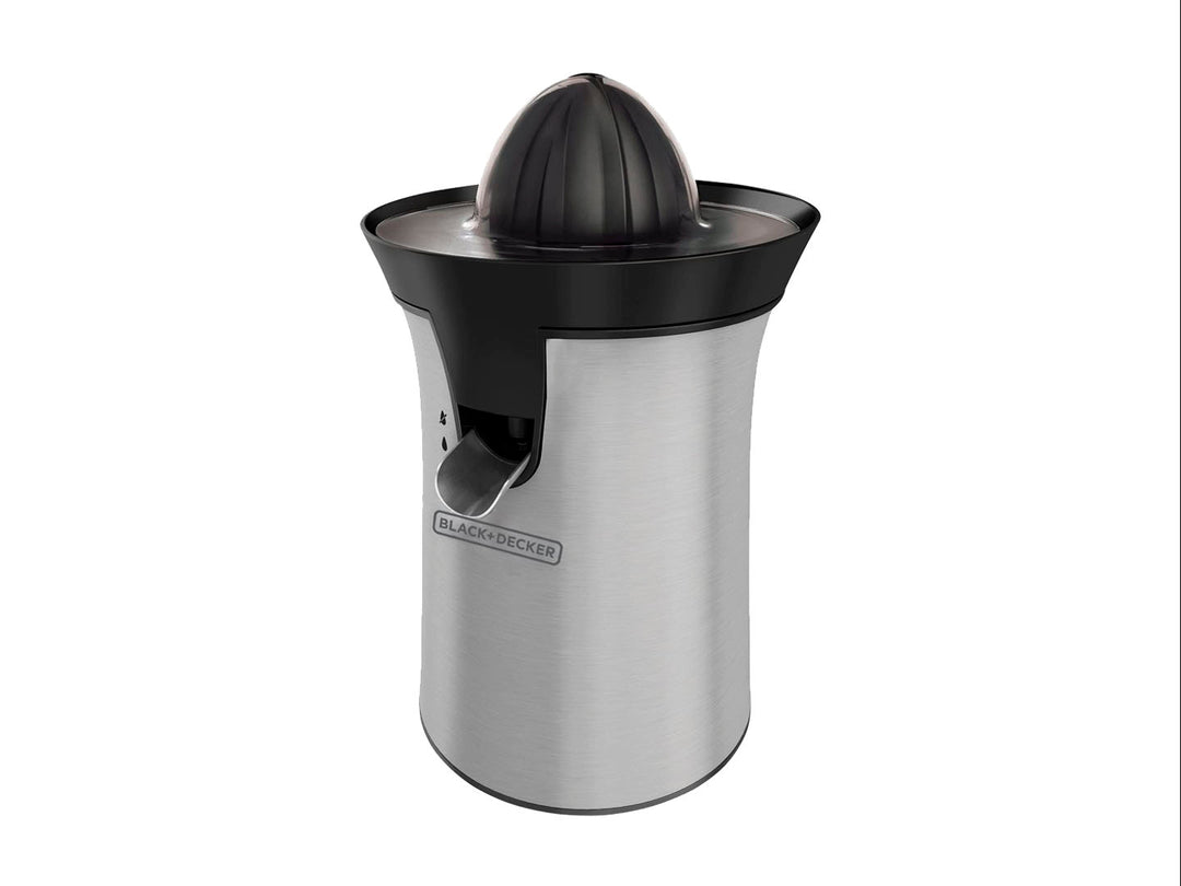 Exprimidor de cítricos Black+Decker en color gris con detalles en negro y cuerpo de acero inoxidable.