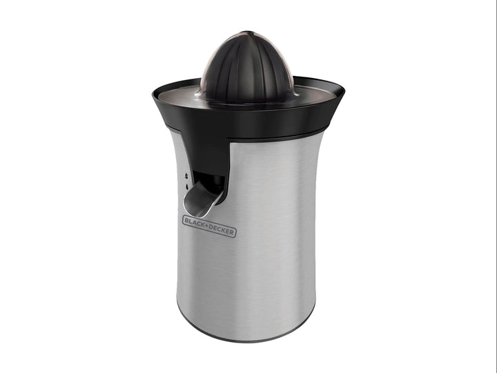 Exprimidor de cítricos Black+Decker en color gris con detalles en negro y cuerpo de acero inoxidable.