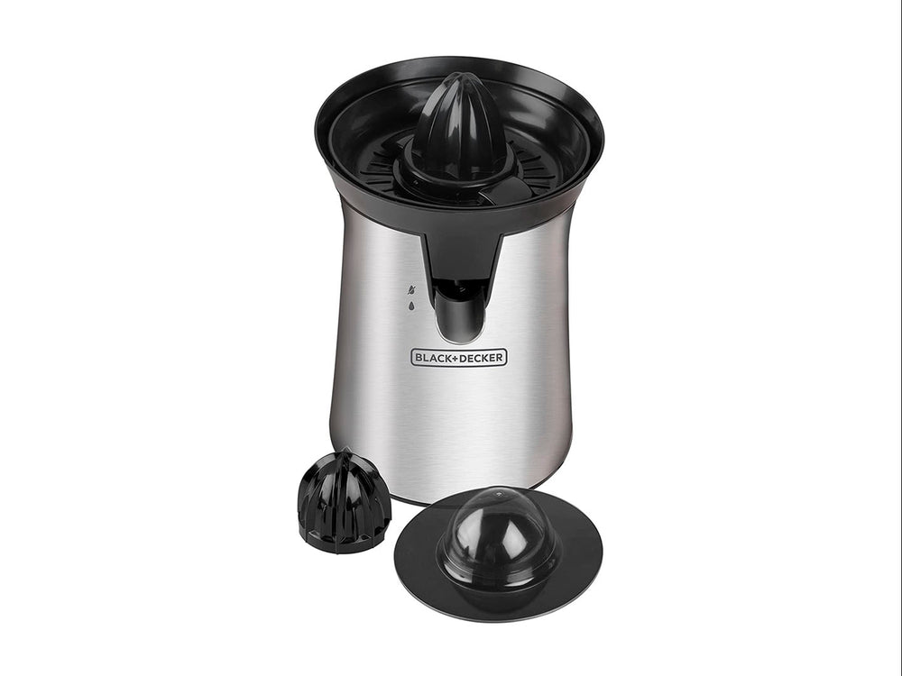 Exprimidor de cítricos Black+Decker en color gris con detalles en negro y cuerpo de acero inoxidable.