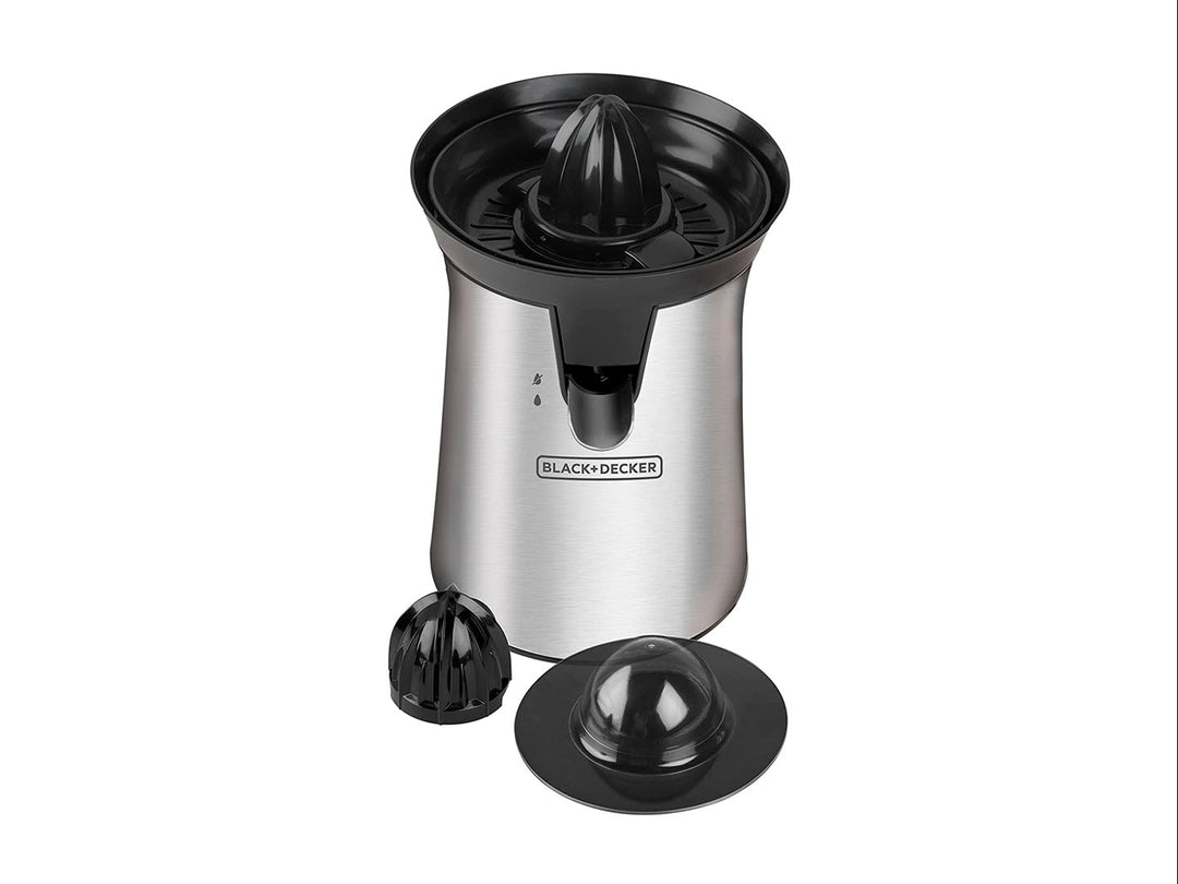 Exprimidor de cítricos Black+Decker en color gris con detalles en negro y cuerpo de acero inoxidable.