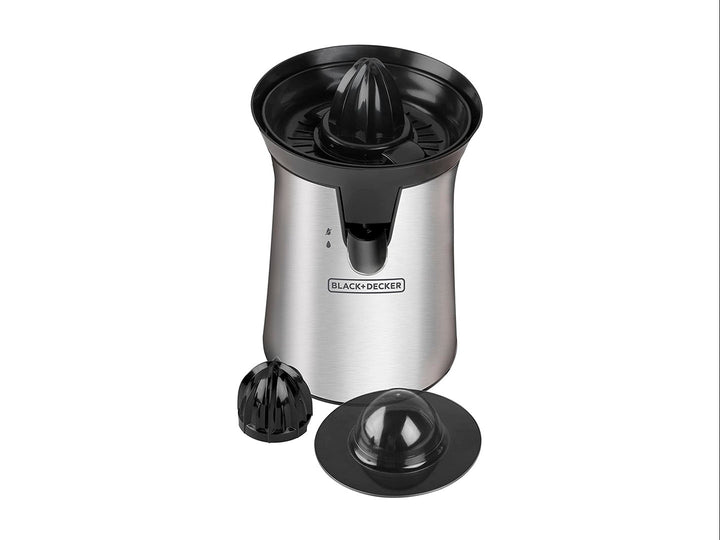 Exprimidor de cítricos Black+Decker en color gris con detalles en negro y cuerpo de acero inoxidable.