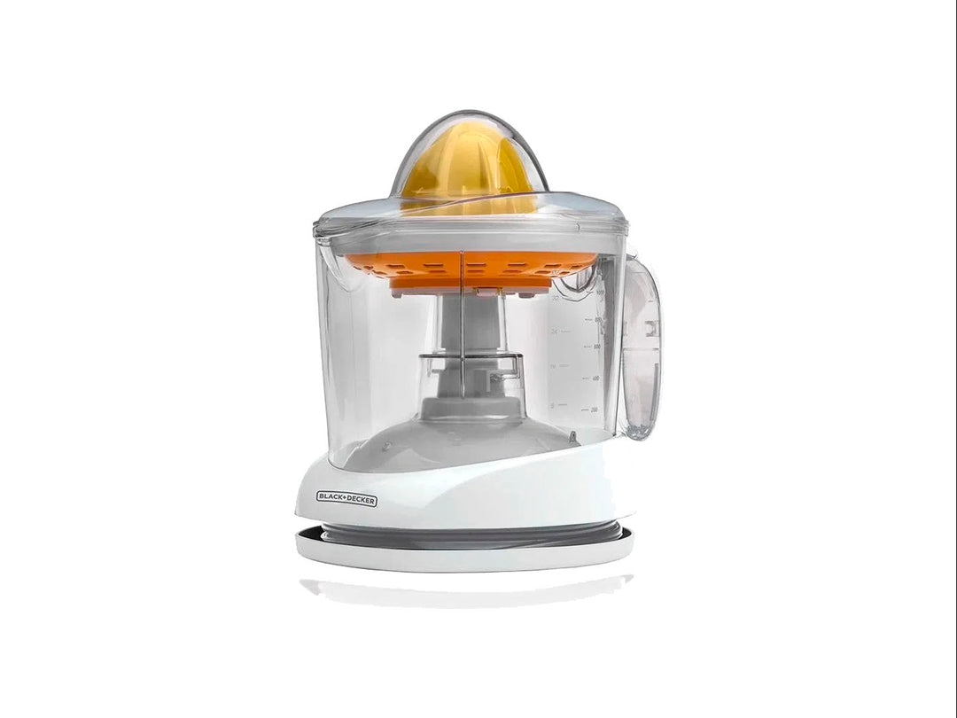 Exprimidor de cítricos Black &amp; Decker color blanco con recipiente transparente y cono naranja.