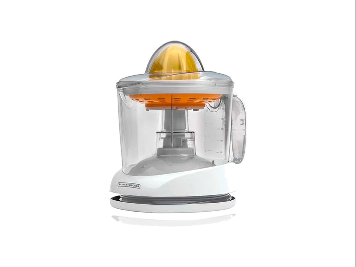 Exprimidor de cítricos Black &amp; Decker color blanco con recipiente transparente y cono naranja.