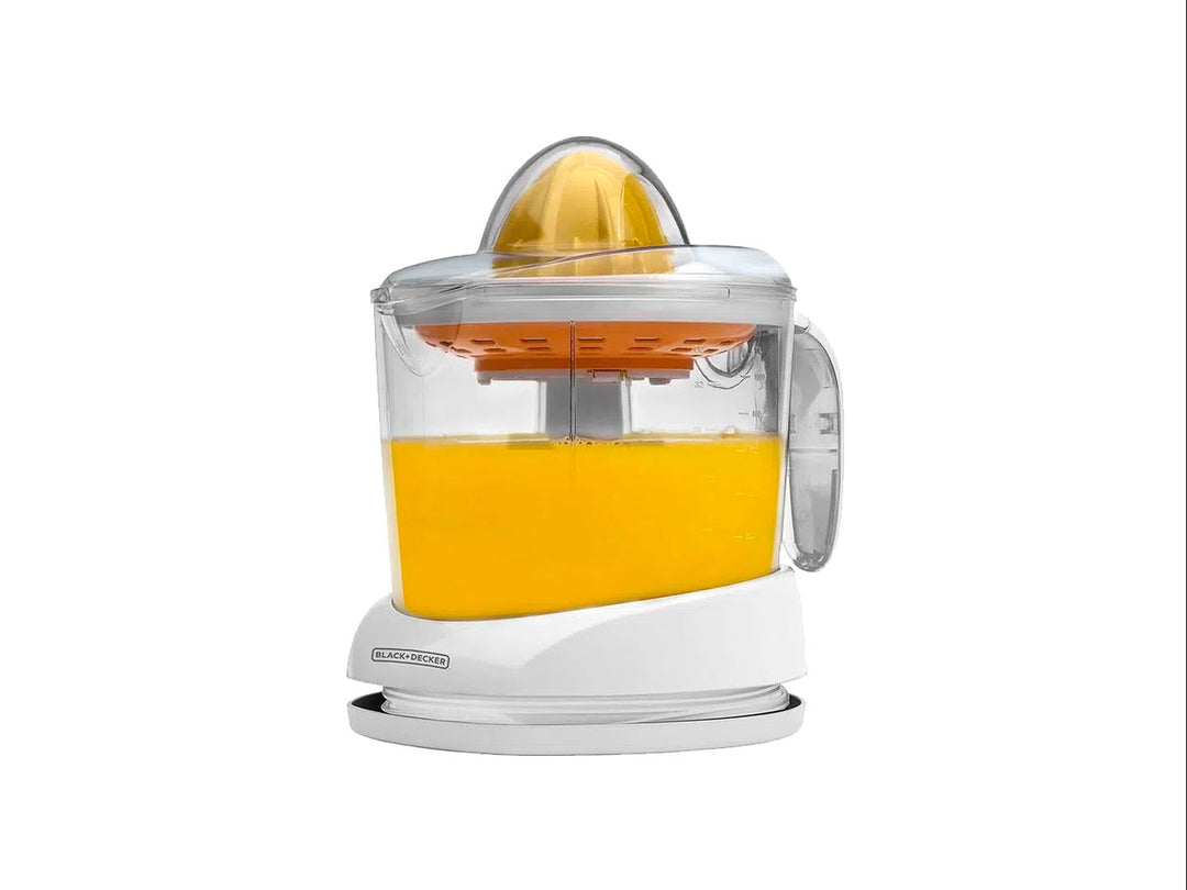 Exprimidor de cítricos Black &amp; Decker color blanco con recipiente transparente y cono naranja.