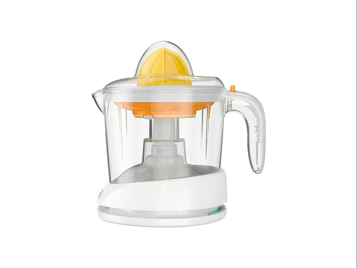 Exprimidor de cítricos Black &amp; Decker color blanco con recipiente transparente y cono naranja.