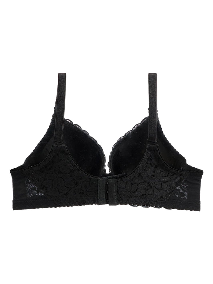 Brasier negro de encaje para mujer con tirantes ajustables.