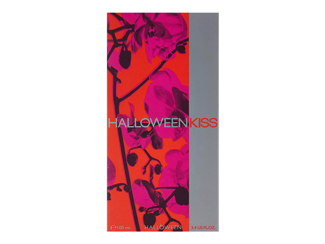 Caja de perfume Halloween Kiss con fondo rojo, flores rosas y una franja gris lateral.