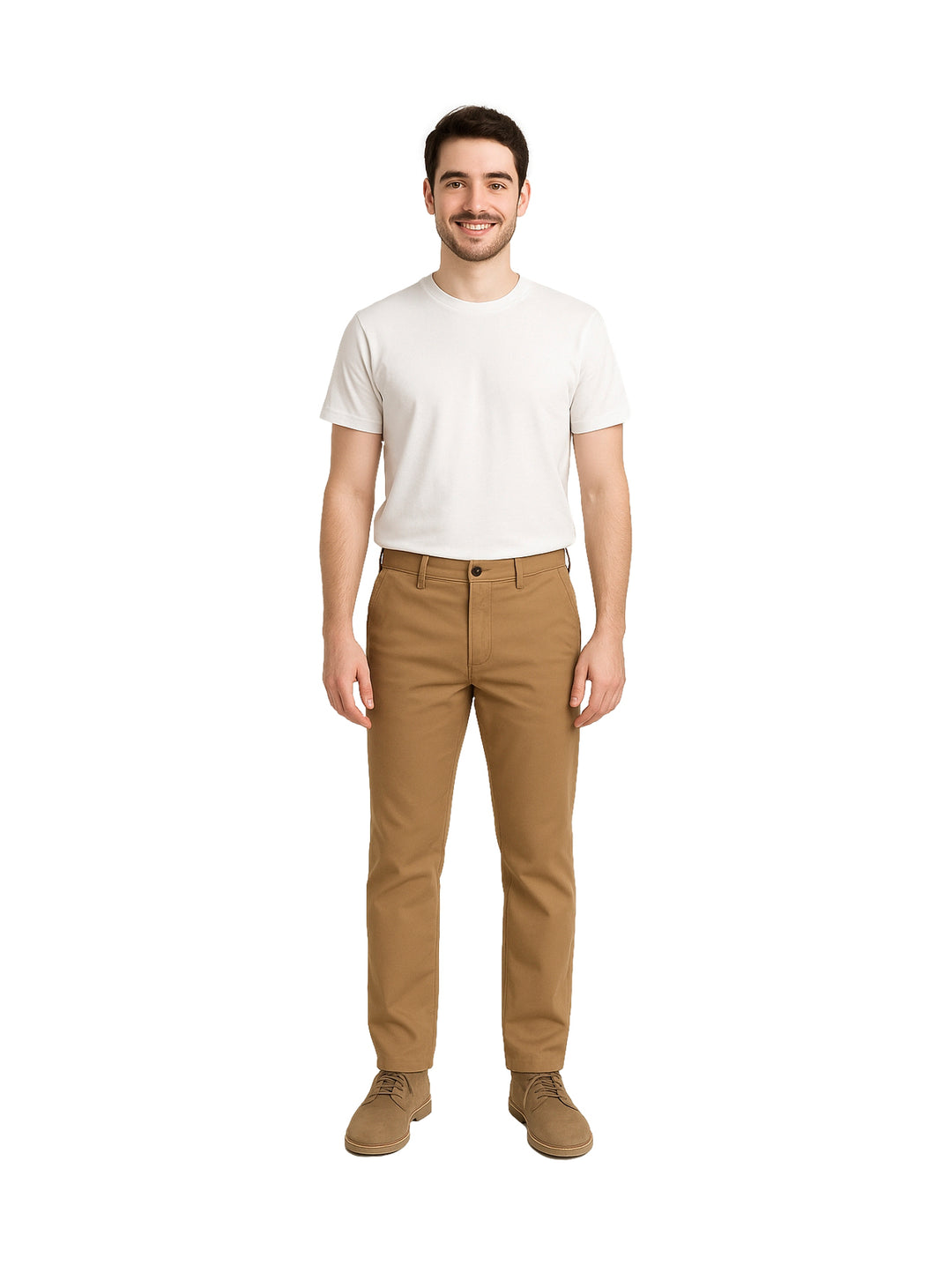 Hombre vistiendo un pantalón chino slim fit color tabaco con una playera blanca básica.
