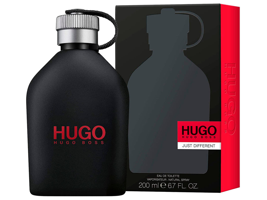 Botella de fragancia Hugo Boss Just Different en color negro mate con su caja correspondiente.
