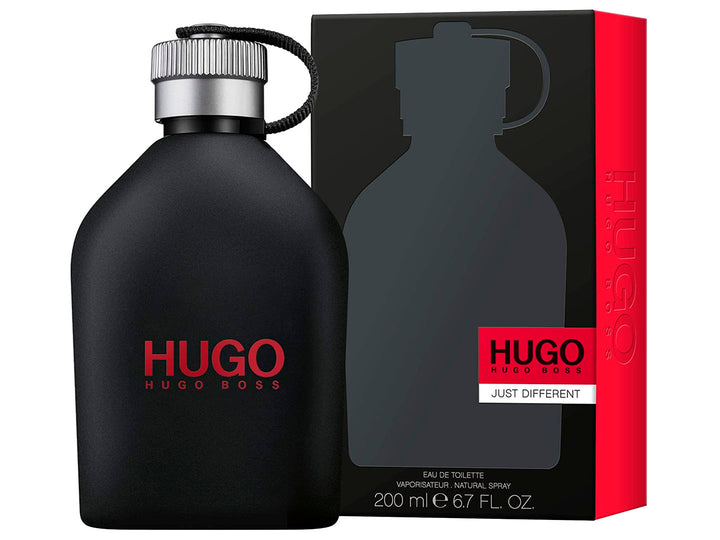 Botella de fragancia Hugo Boss Just Different en color negro mate con su caja correspondiente.