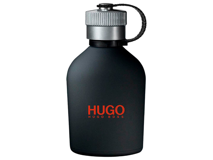 Botella de fragancia Hugo Boss Just Different en color negro mate con su caja correspondiente.