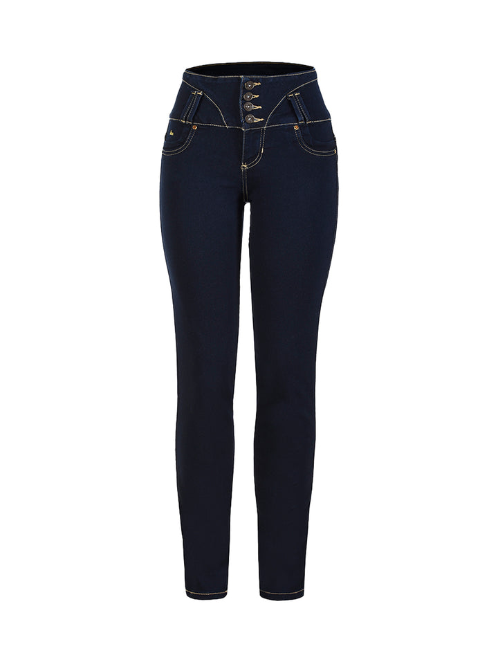 Jeans Lee para mujer en color azul marino oscuro, de corte ajustado y cintura alta con botones.