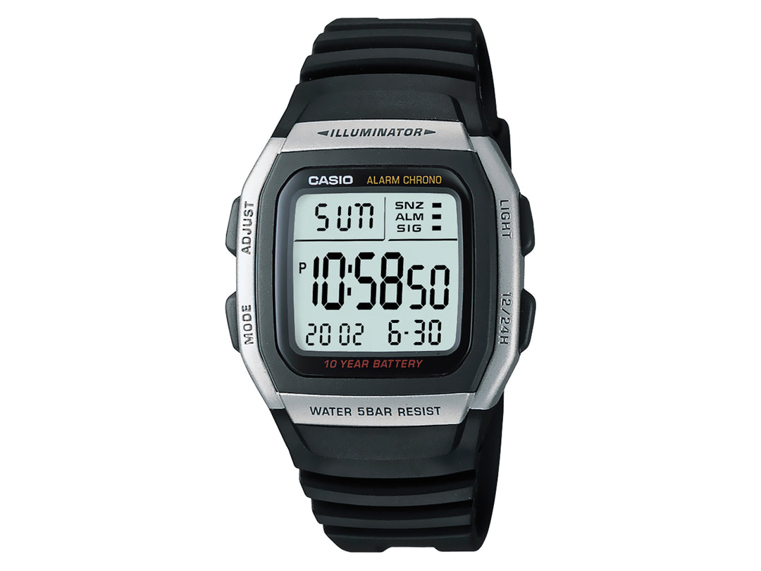 Reloj digital Casio W-96H para hombre con correa negra y bisel plateado.