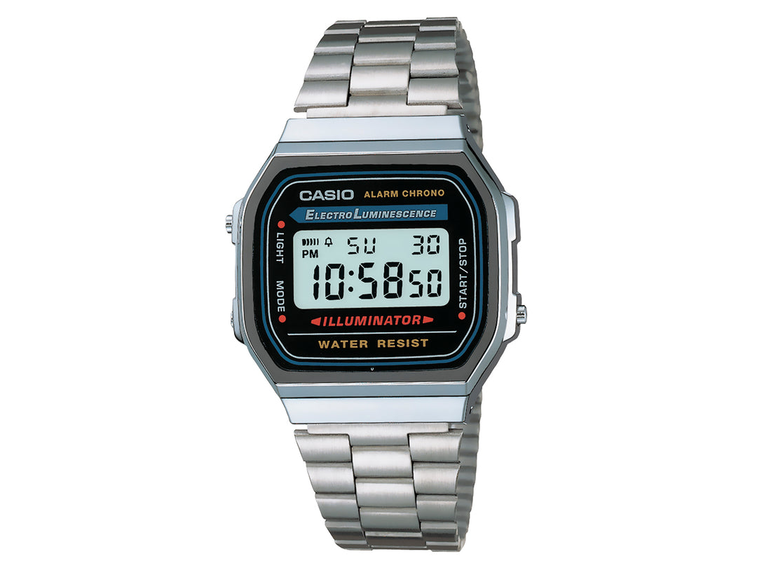 Reloj digital Casio A-168WA color plata con correa de acero y esfera azul.